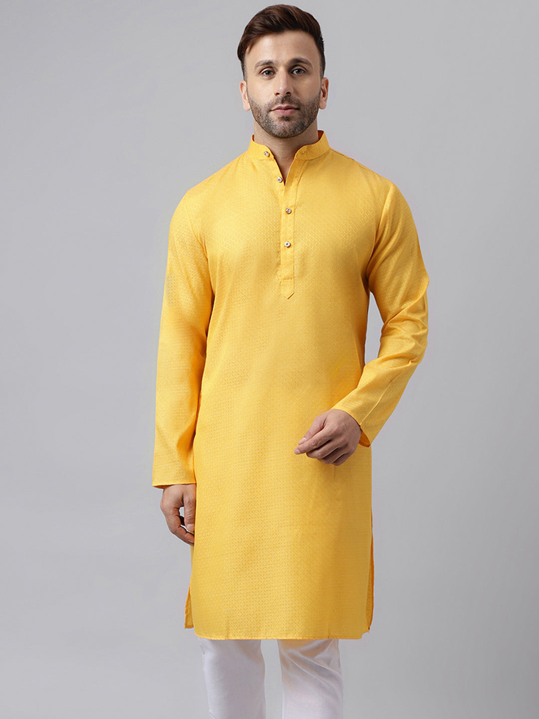 Hangup Men's Ethnic Jacquard Embroidered Yellow Kurta