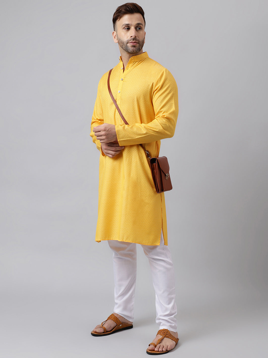 Hangup Men's Ethnic Jacquard Embroidered Yellow Kurta