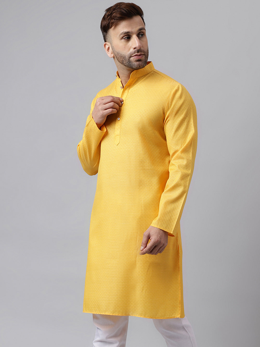 Hangup Men's Ethnic Jacquard Embroidered Yellow Kurta