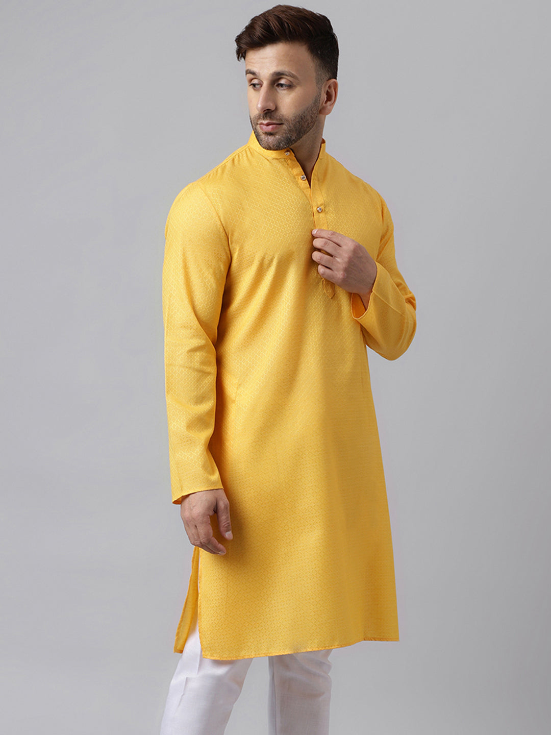 Hangup Men's Ethnic Jacquard Embroidered Yellow Kurta