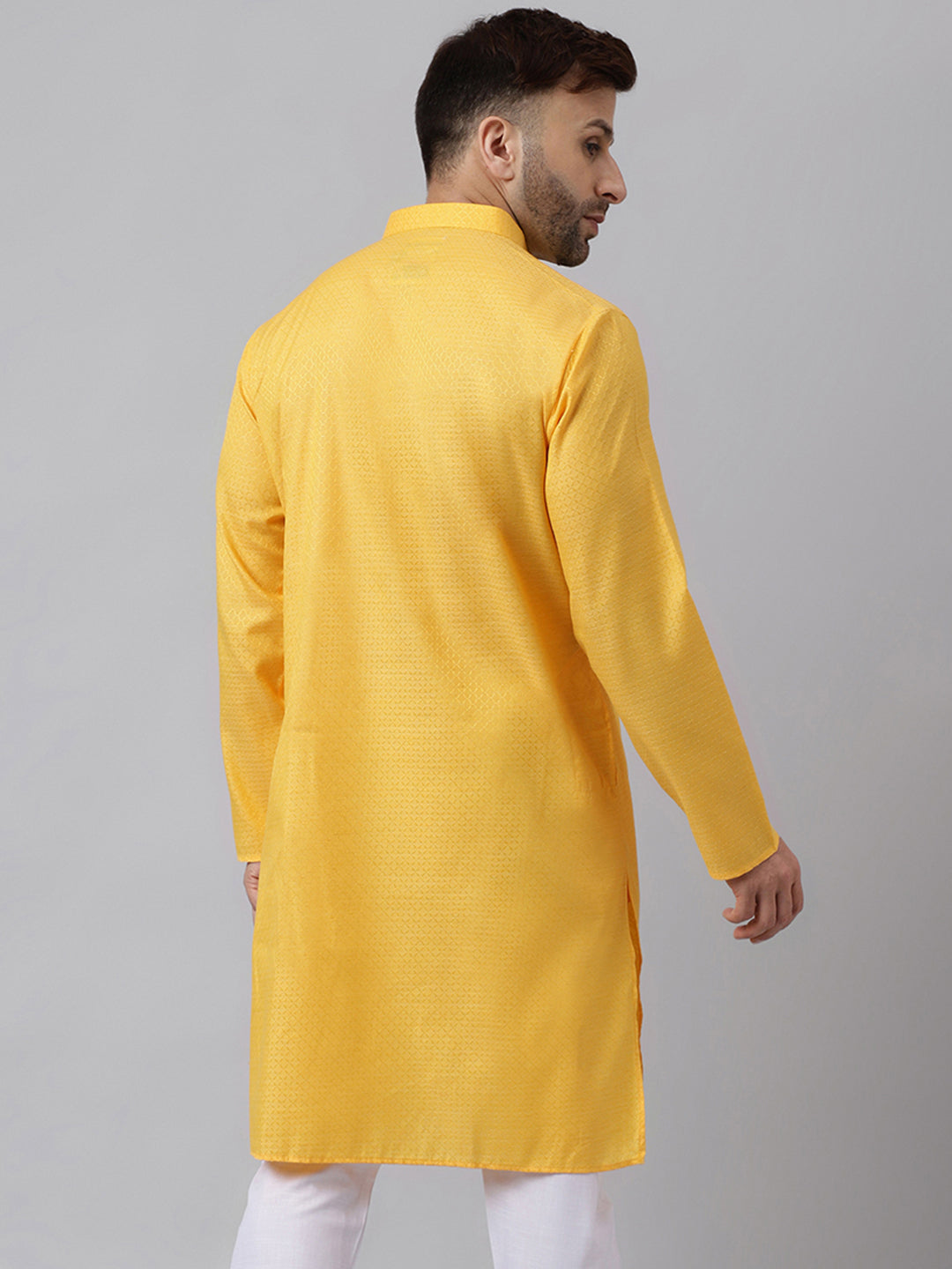 Hangup Men's Ethnic Jacquard Embroidered Yellow Kurta