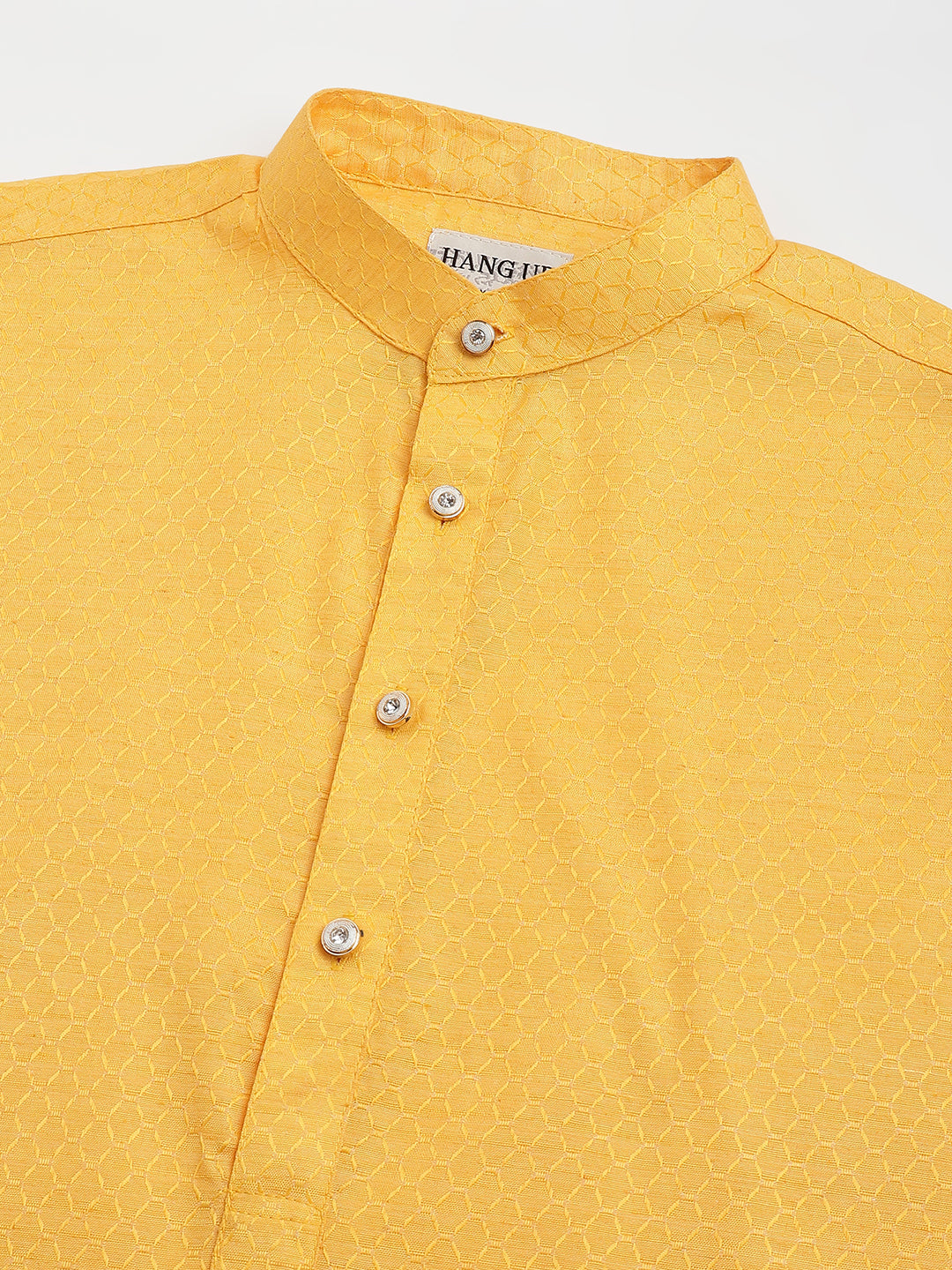 Hangup Men's Ethnic Jacquard Embroidered Yellow Kurta