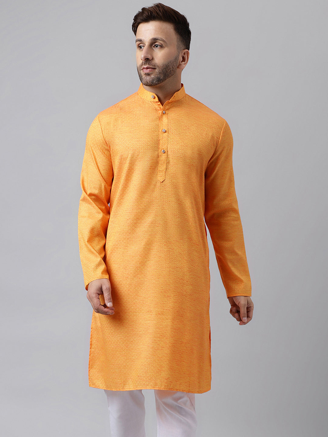 Hangup Men's Ethnic Jacquard Embroidered Orange Kurta