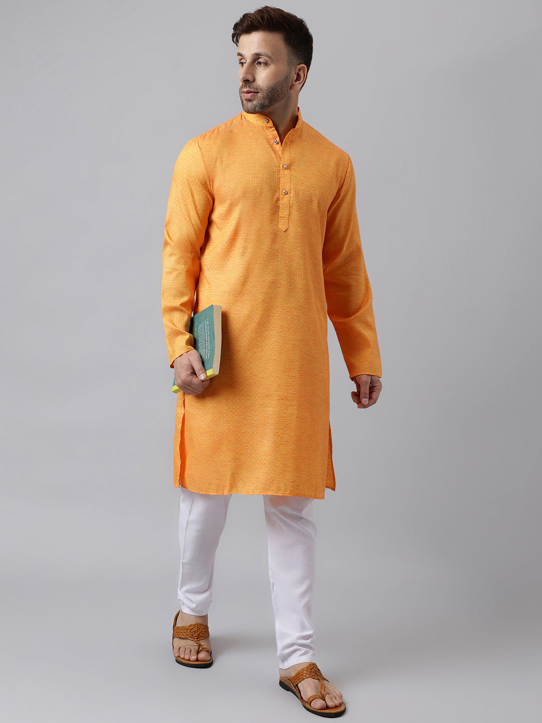 Hangup Men's Ethnic Jacquard Embroidered Orange Kurta