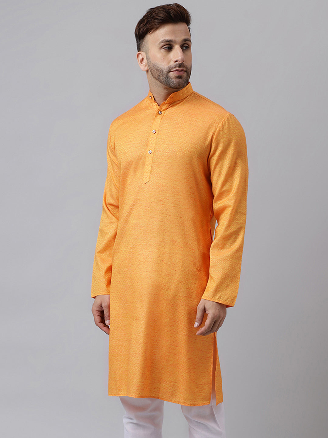 Hangup Men's Ethnic Jacquard Embroidered Orange Kurta