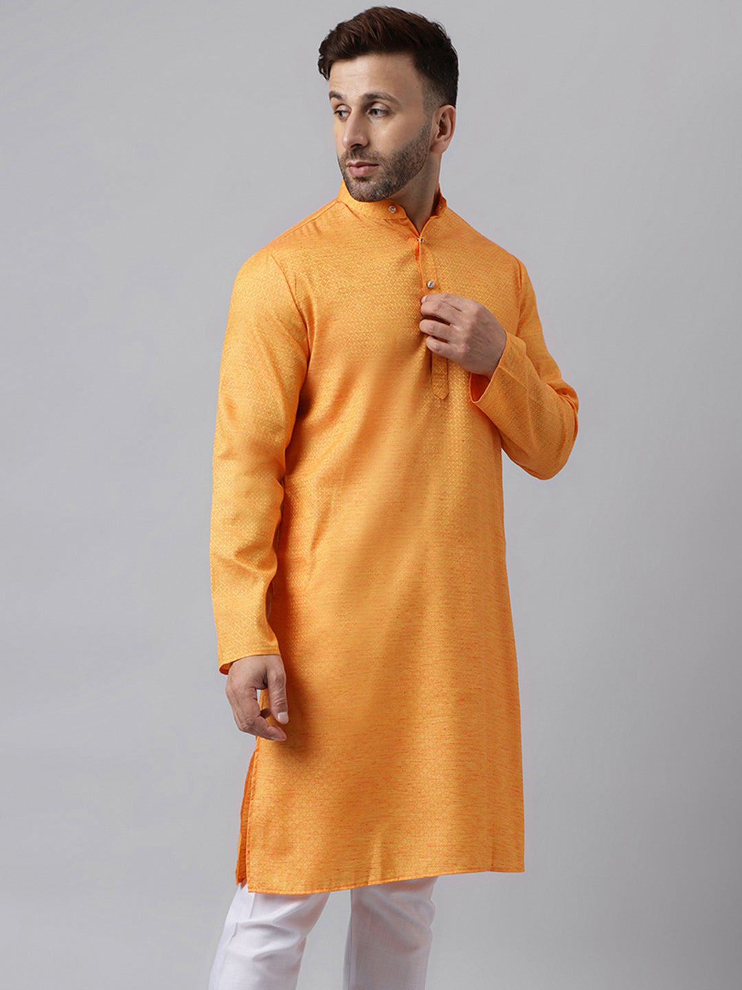 Hangup Men's Ethnic Jacquard Embroidered Orange Kurta