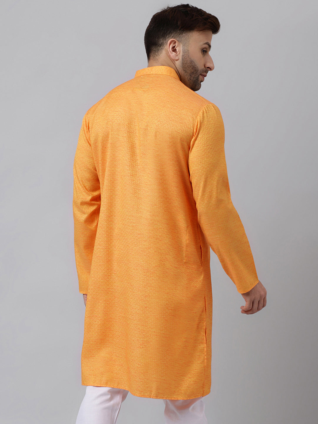 Hangup Men's Ethnic Jacquard Embroidered Orange Kurta