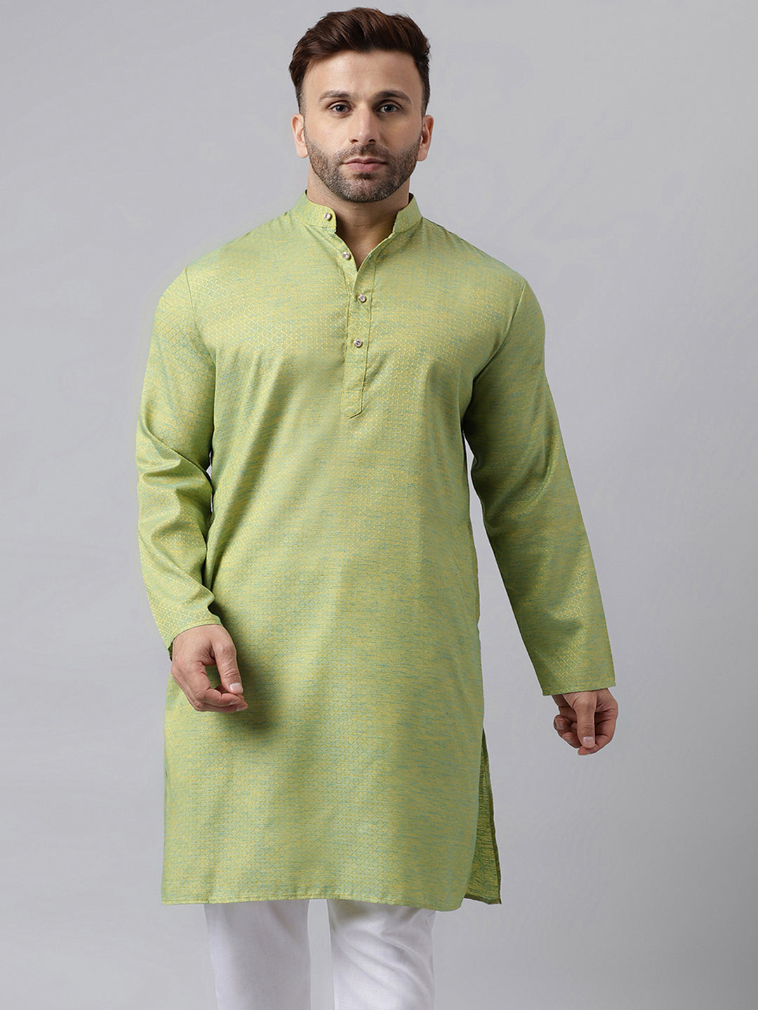 Hangup Men's Ethnic Jacquard Embroidered Pista Green Kurta