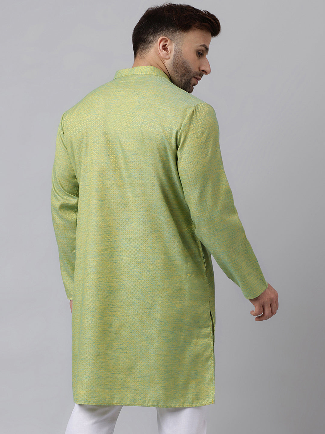 Hangup Men's Ethnic Jacquard Embroidered Pista Green Kurta