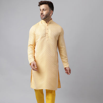 Hangup Men's Ethnic Jacquard Embroidered Lemon Kurta