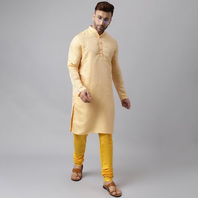 Hangup Men's Ethnic Jacquard Embroidered Lemon Kurta