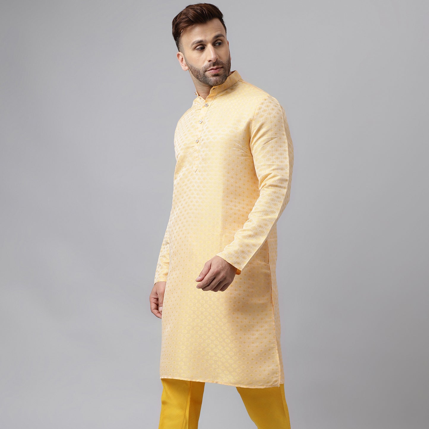 Hangup Men's Ethnic Jacquard Embroidered Lemon Kurta