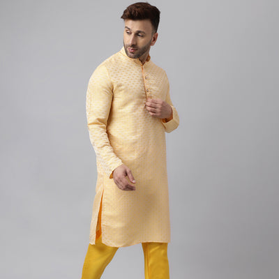 Hangup Men's Ethnic Jacquard Embroidered Lemon Kurta