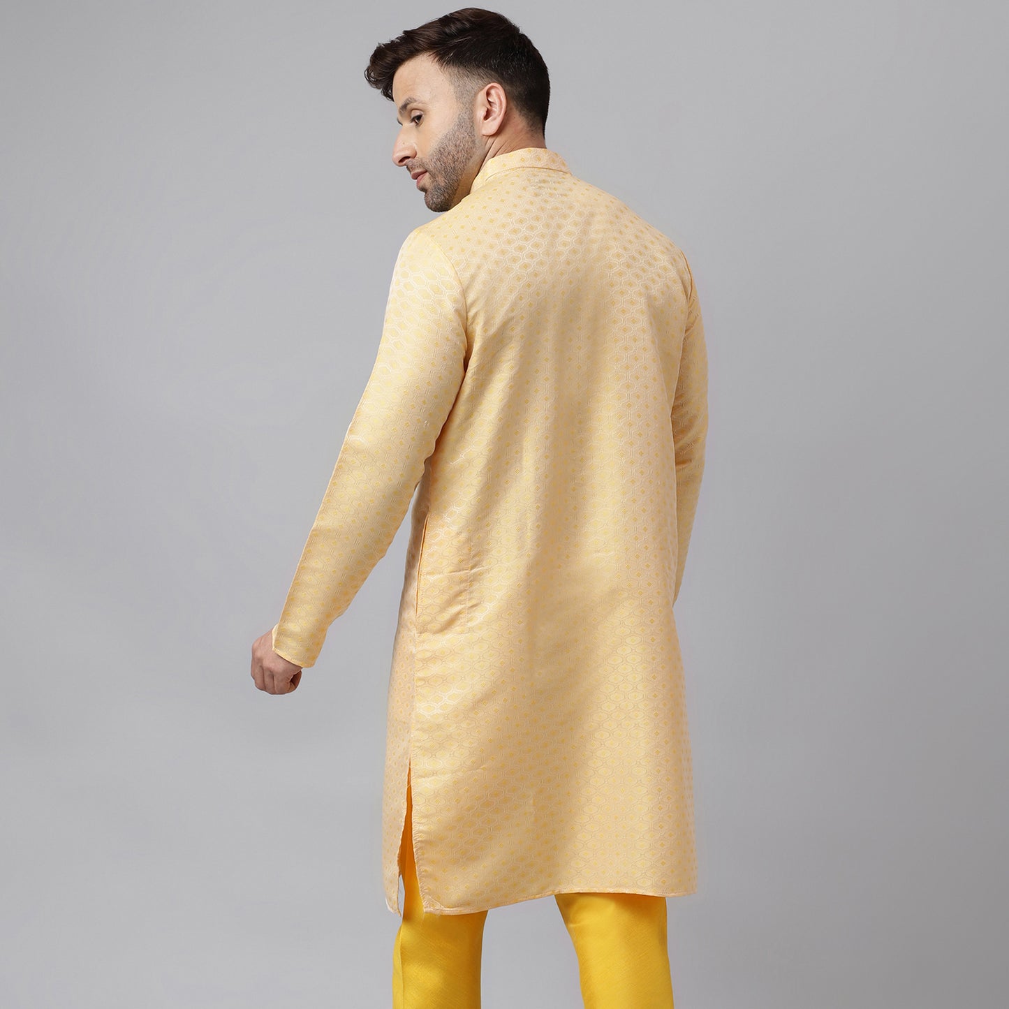 Hangup Men's Ethnic Jacquard Embroidered Lemon Kurta