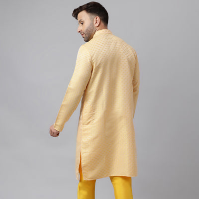 Hangup Men's Ethnic Jacquard Embroidered Lemon Kurta