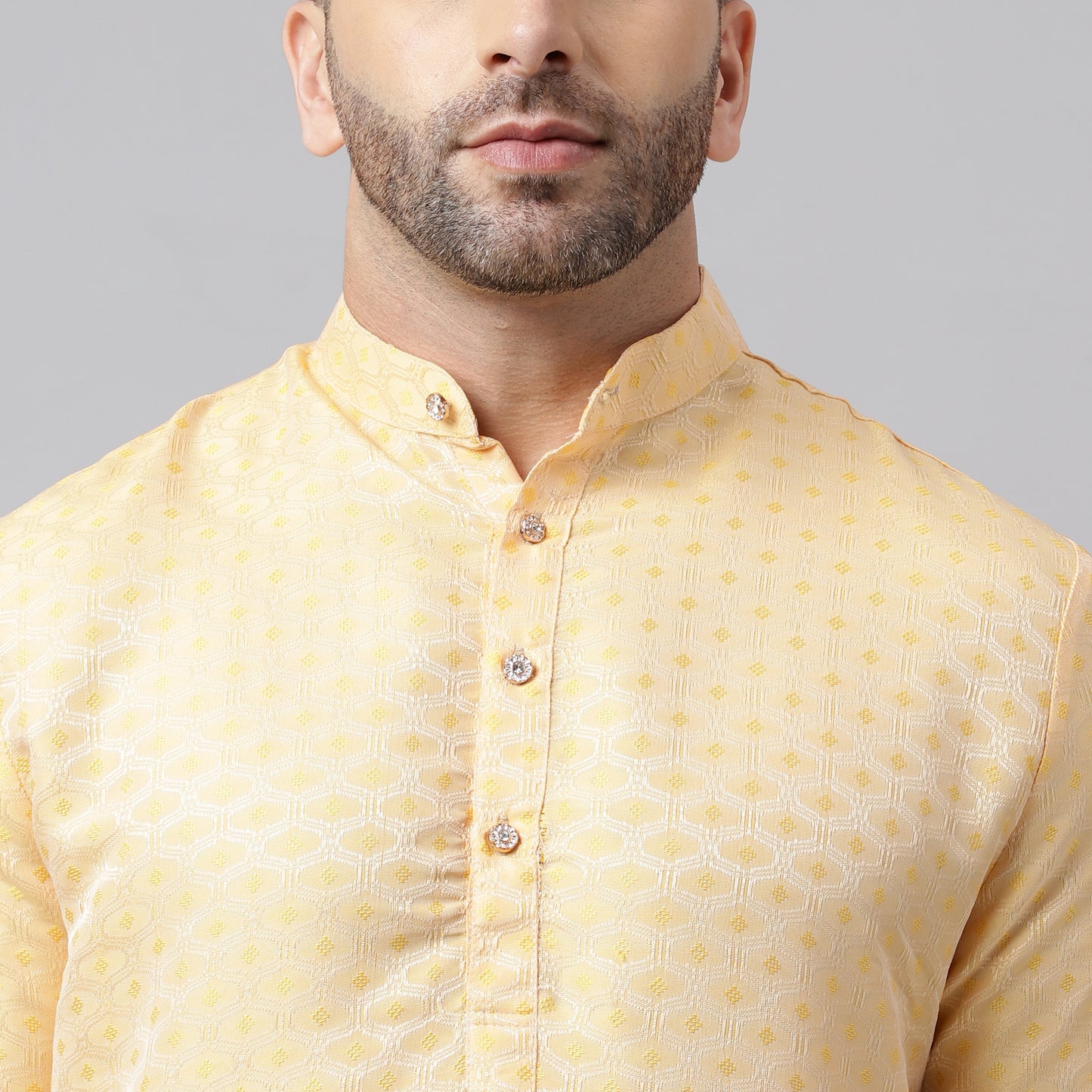 Hangup Men's Ethnic Jacquard Embroidered Lemon Kurta