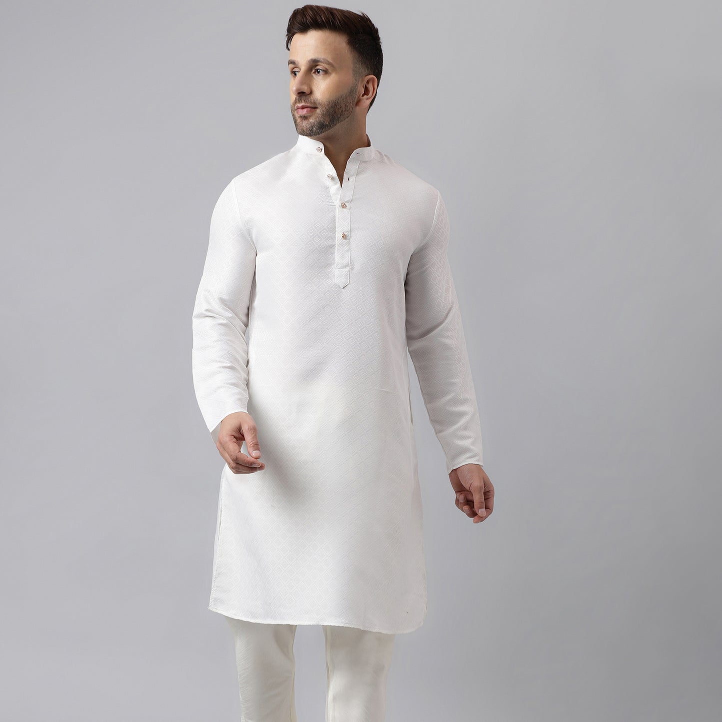 Hangup Men's Ethnic Jacquard Embroidered White Kurta