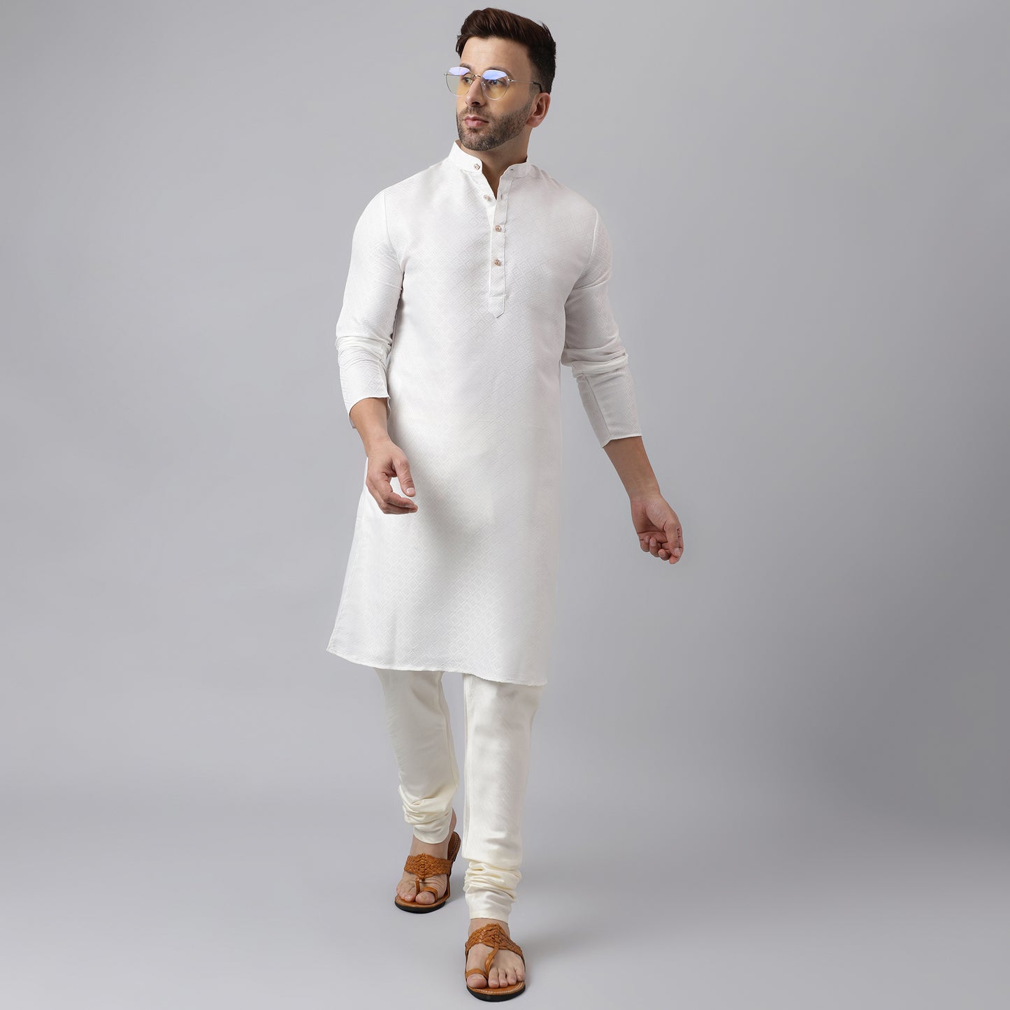 Hangup Men's Ethnic Jacquard Embroidered White Kurta