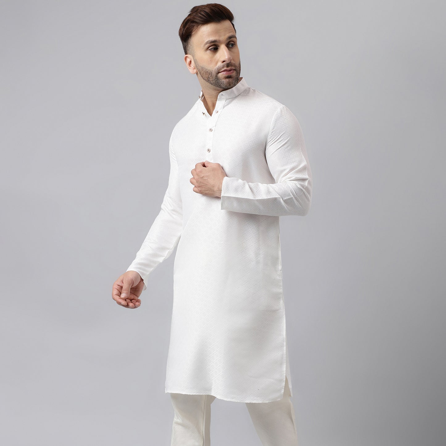 Hangup Men's Ethnic Jacquard Embroidered White Kurta