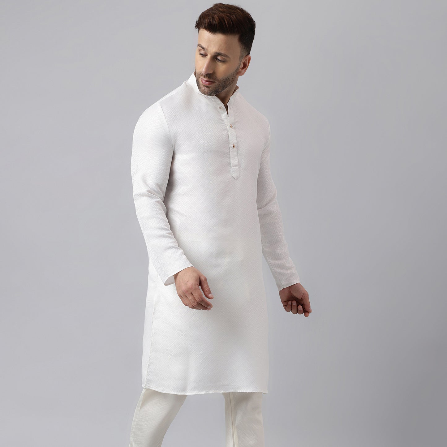 Hangup Men's Ethnic Jacquard Embroidered White Kurta