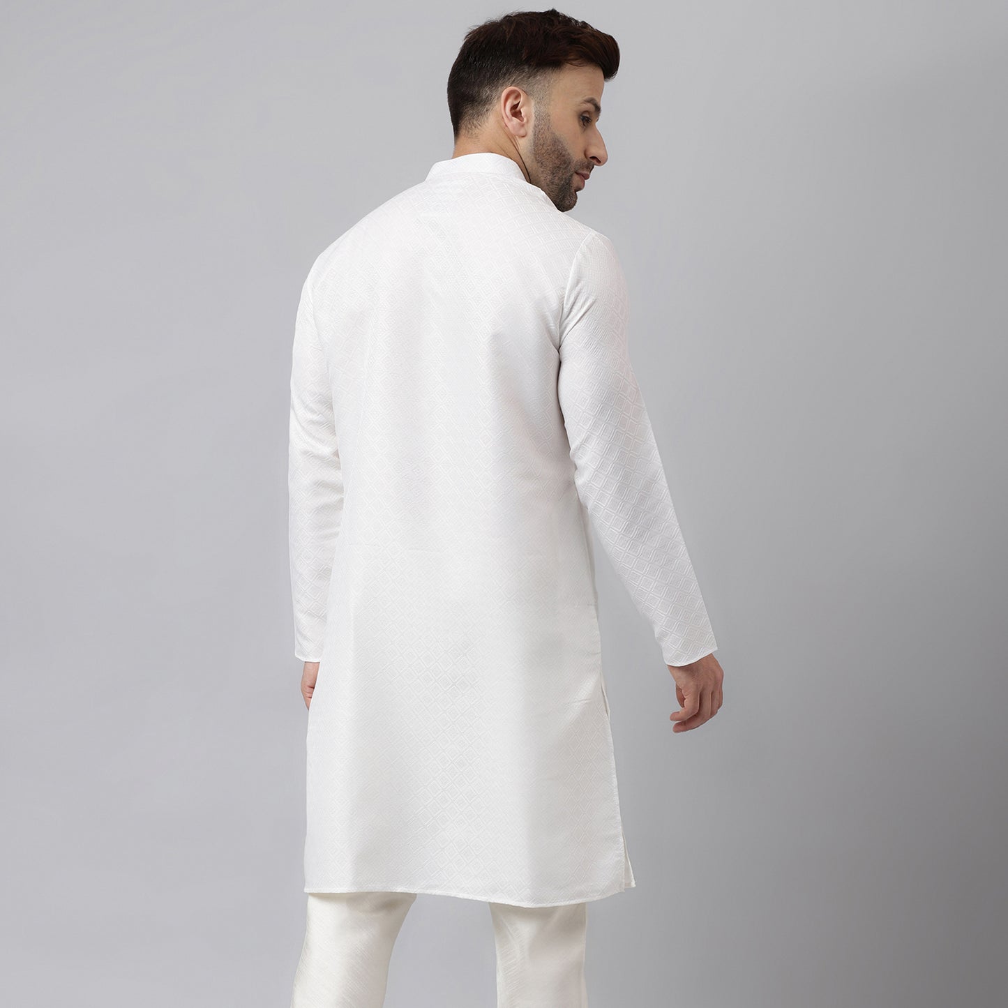 Hangup Men's Ethnic Jacquard Embroidered White Kurta