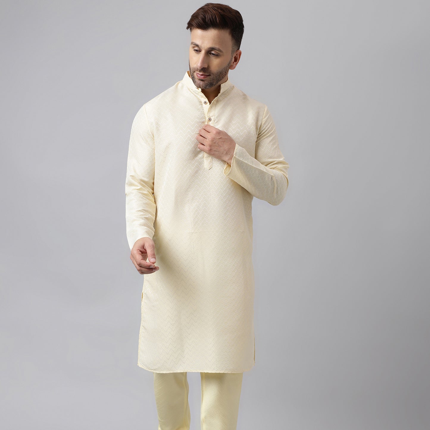 Hangup Men's Ethnic Jacquard Embroidered Cream Kurta