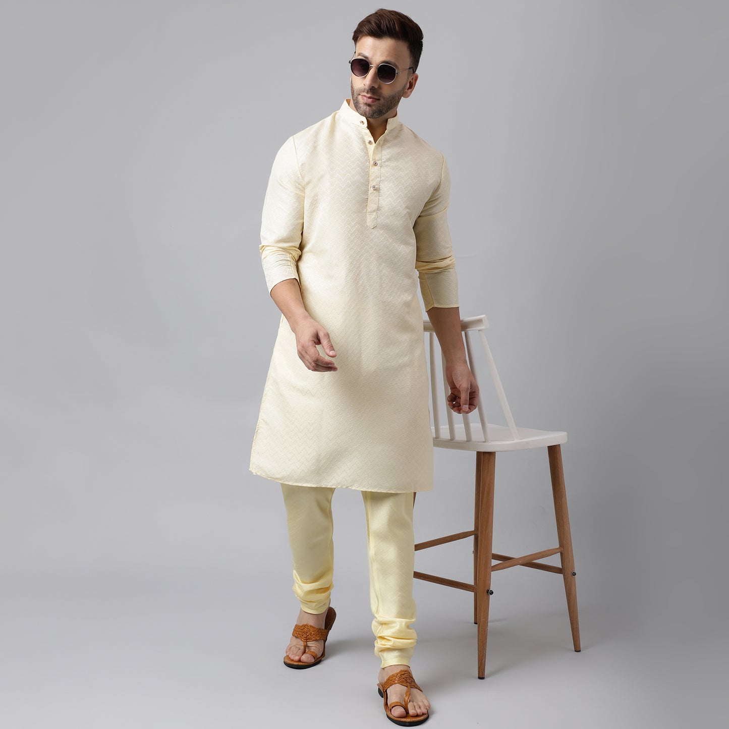 Hangup Men's Ethnic Jacquard Embroidered Cream Kurta