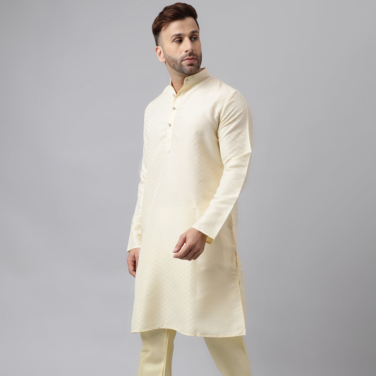 Hangup Men's Ethnic Jacquard Embroidered Cream Kurta