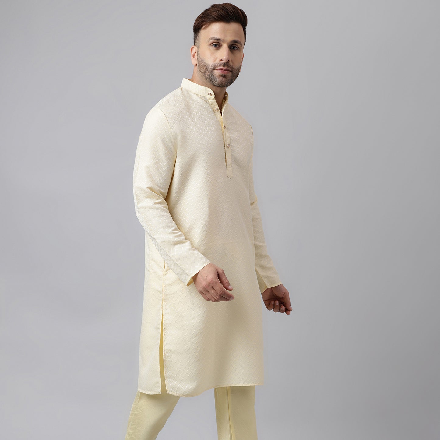 Hangup Men's Ethnic Jacquard Embroidered Cream Kurta