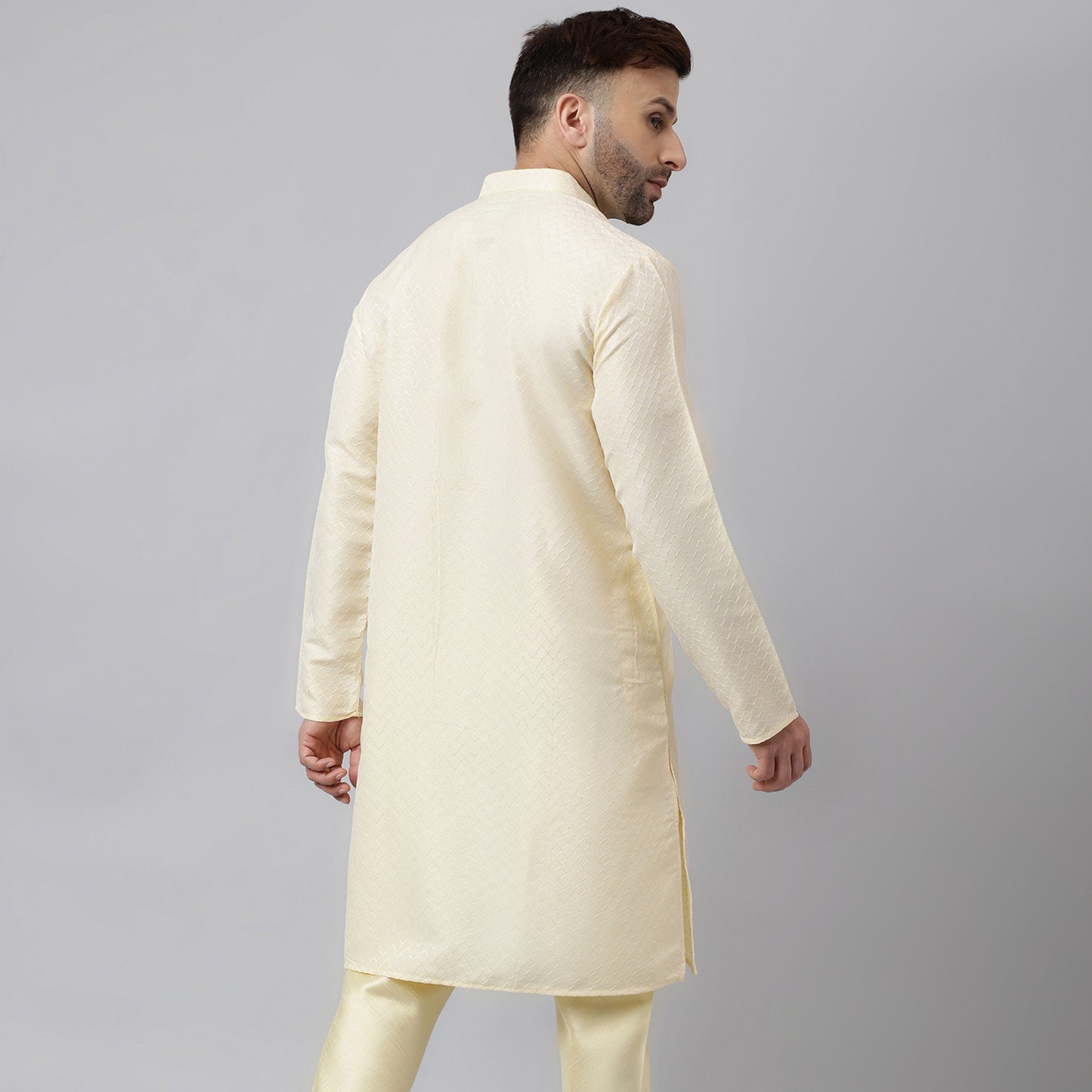 Hangup Men's Ethnic Jacquard Embroidered Cream Kurta