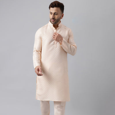 Hangup Men's Ethnic Jacquard Embroidered Cream Kurta