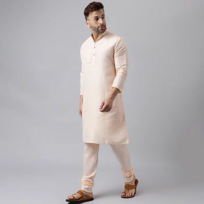 Hangup Men's Ethnic Jacquard Embroidered Cream Kurta