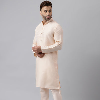 Hangup Men's Ethnic Jacquard Embroidered Cream Kurta