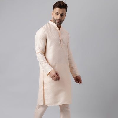 Hangup Men's Ethnic Jacquard Embroidered Cream Kurta