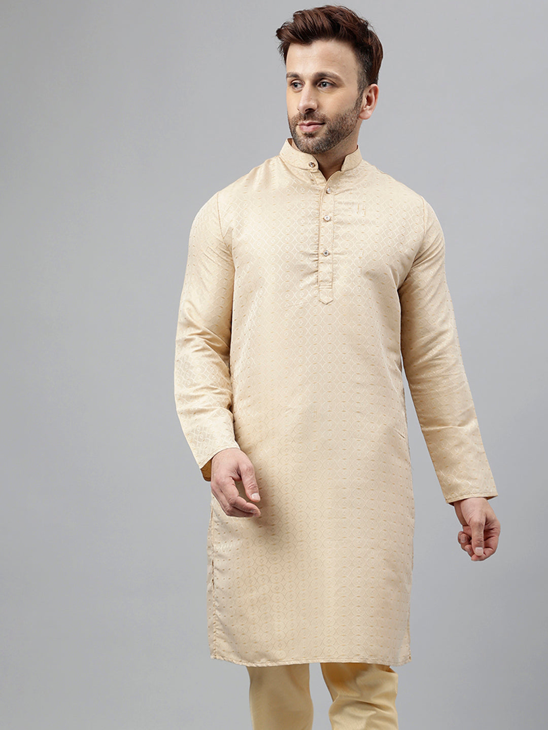 Hangup Men's Ethnic Jacquard Embroidered Cream Kurta