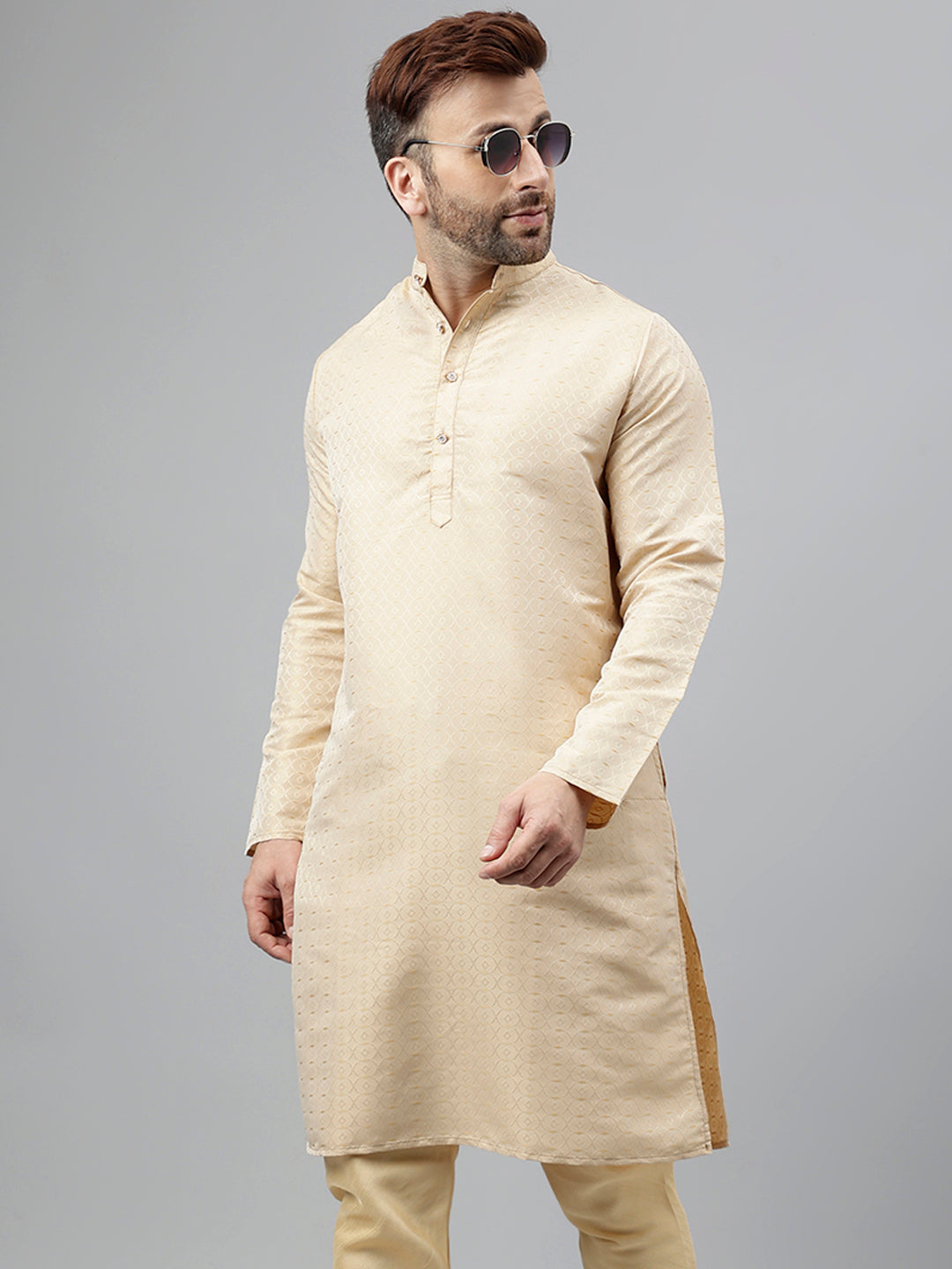 Hangup Men's Ethnic Jacquard Embroidered Cream Kurta