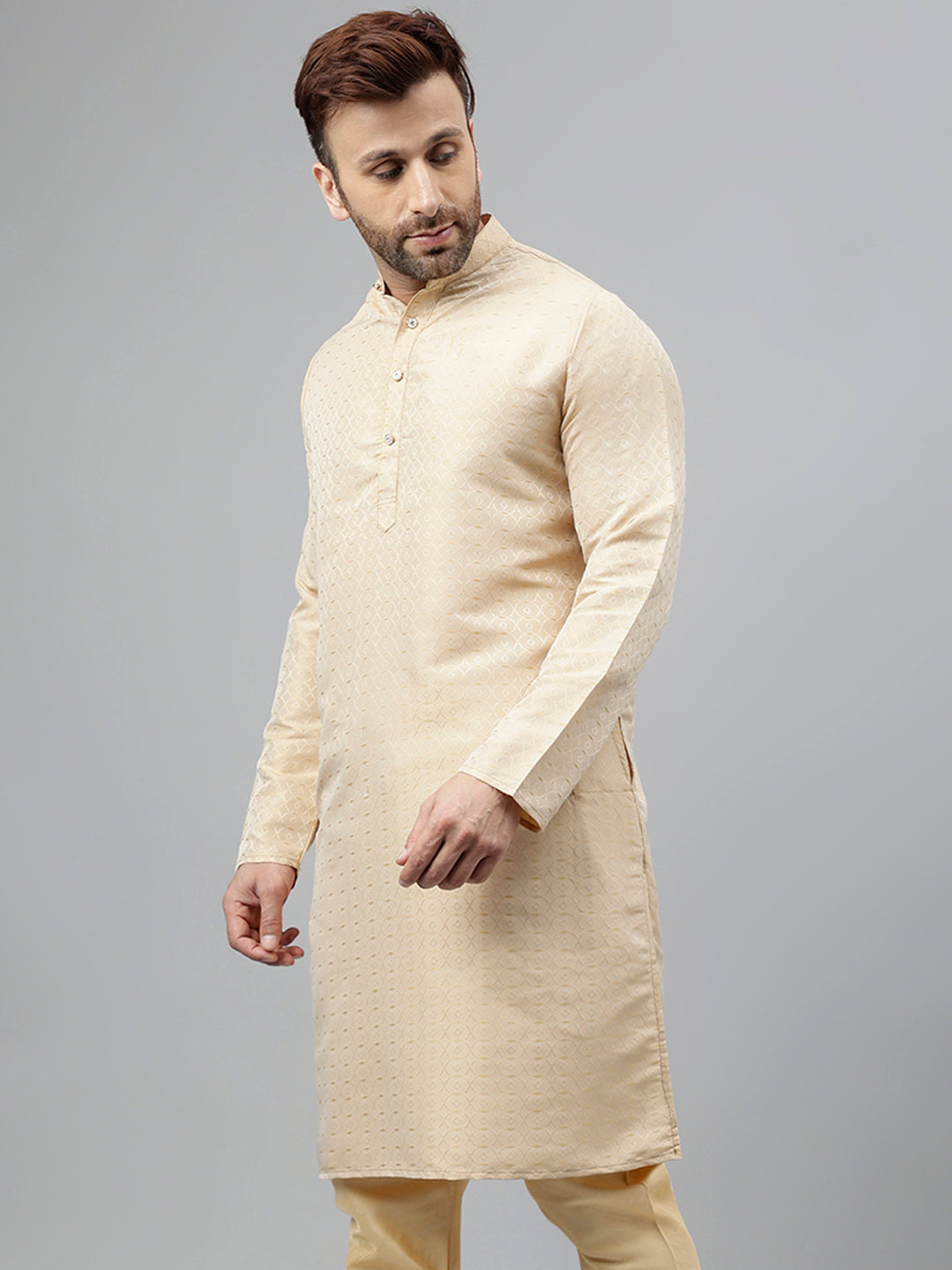 Hangup Men's Ethnic Jacquard Embroidered Cream Kurta