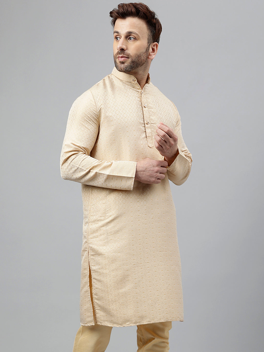 Hangup Men's Ethnic Jacquard Embroidered Cream Kurta