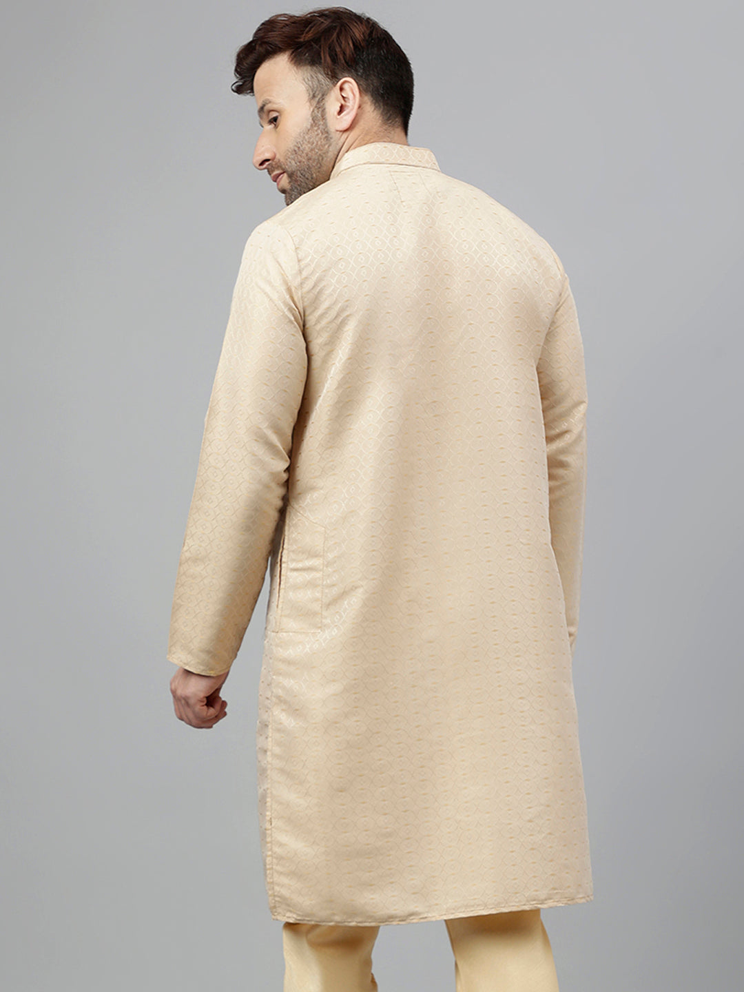 Hangup Men's Ethnic Jacquard Embroidered Cream Kurta