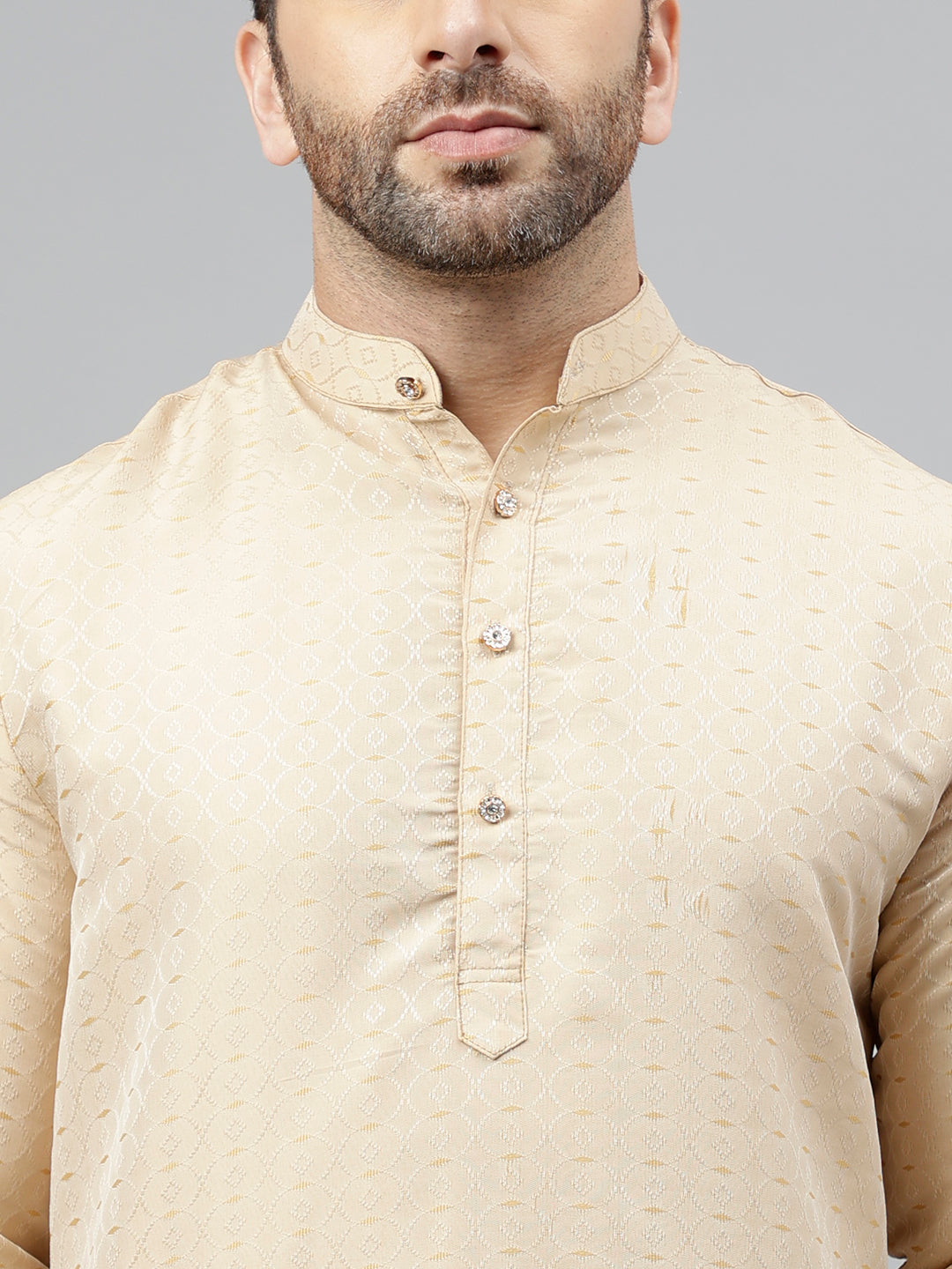 Hangup Men's Ethnic Jacquard Embroidered Cream Kurta