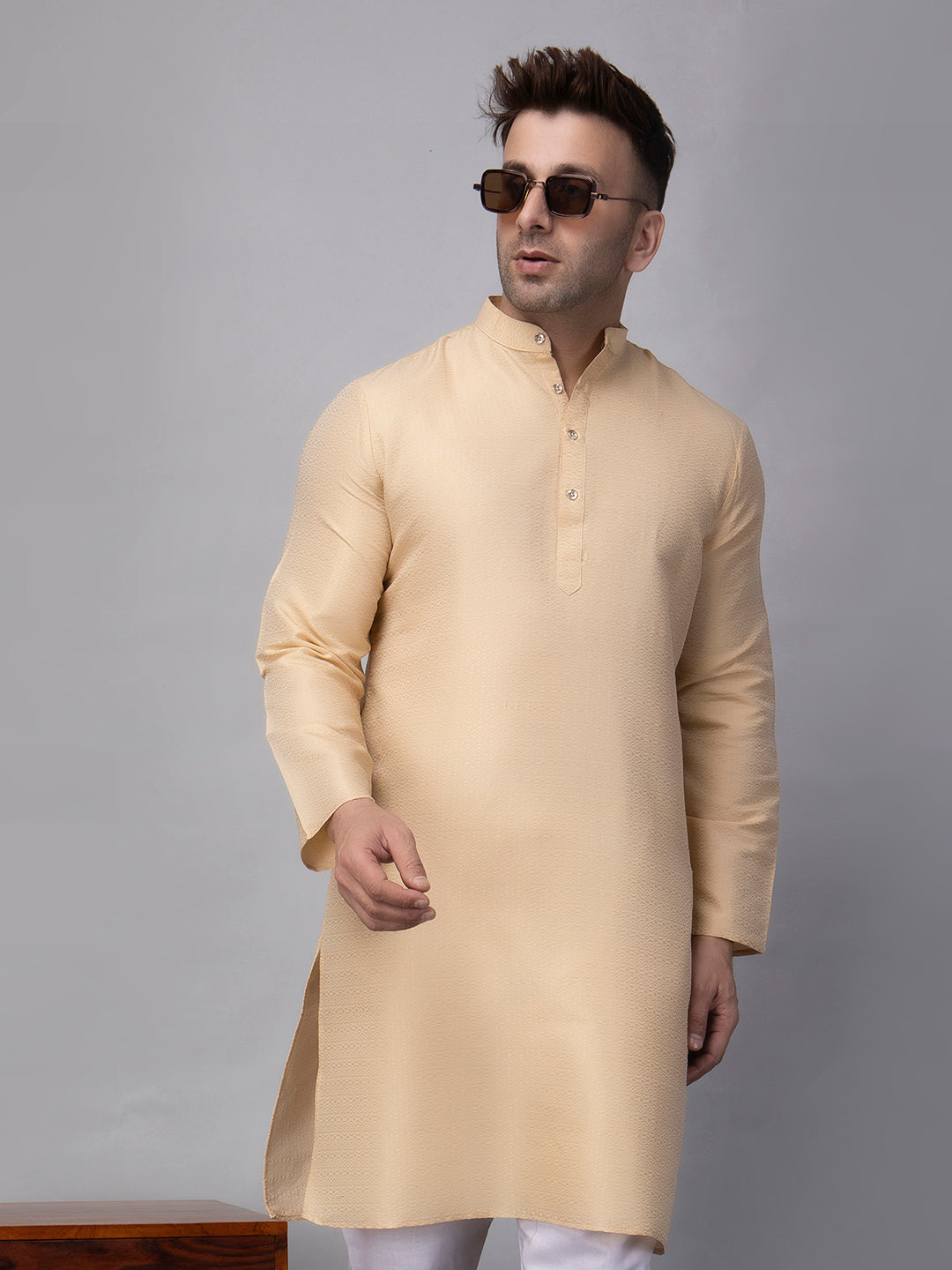 Hangup Men's Ethnic Jacquard Fawn Kurta