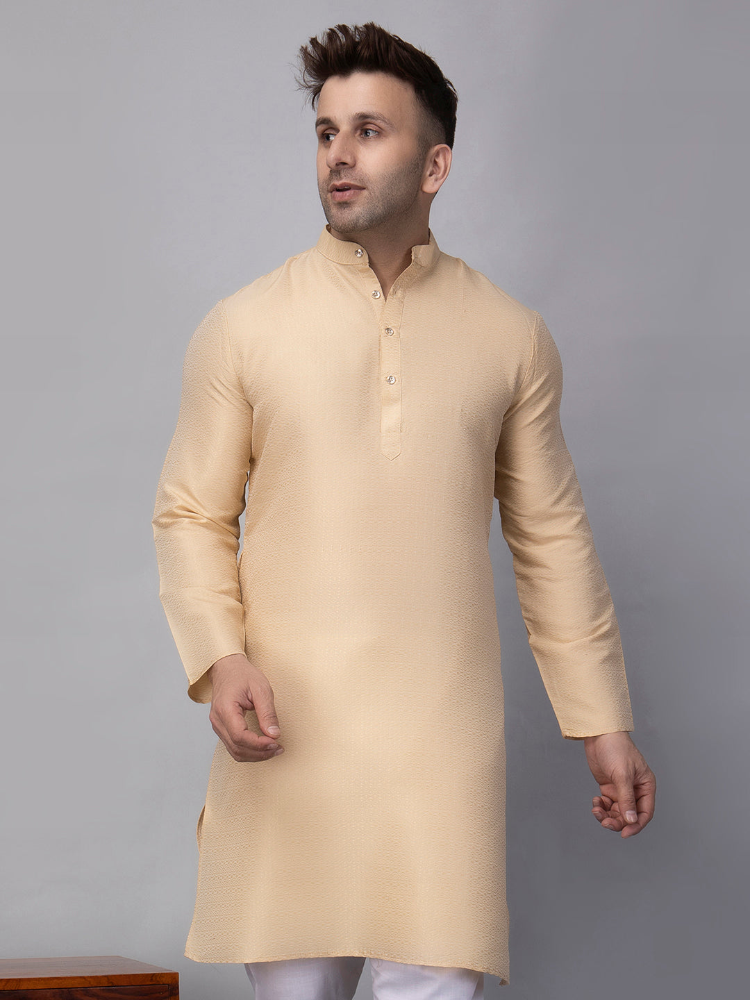 Hangup Men's Ethnic Jacquard Fawn Kurta