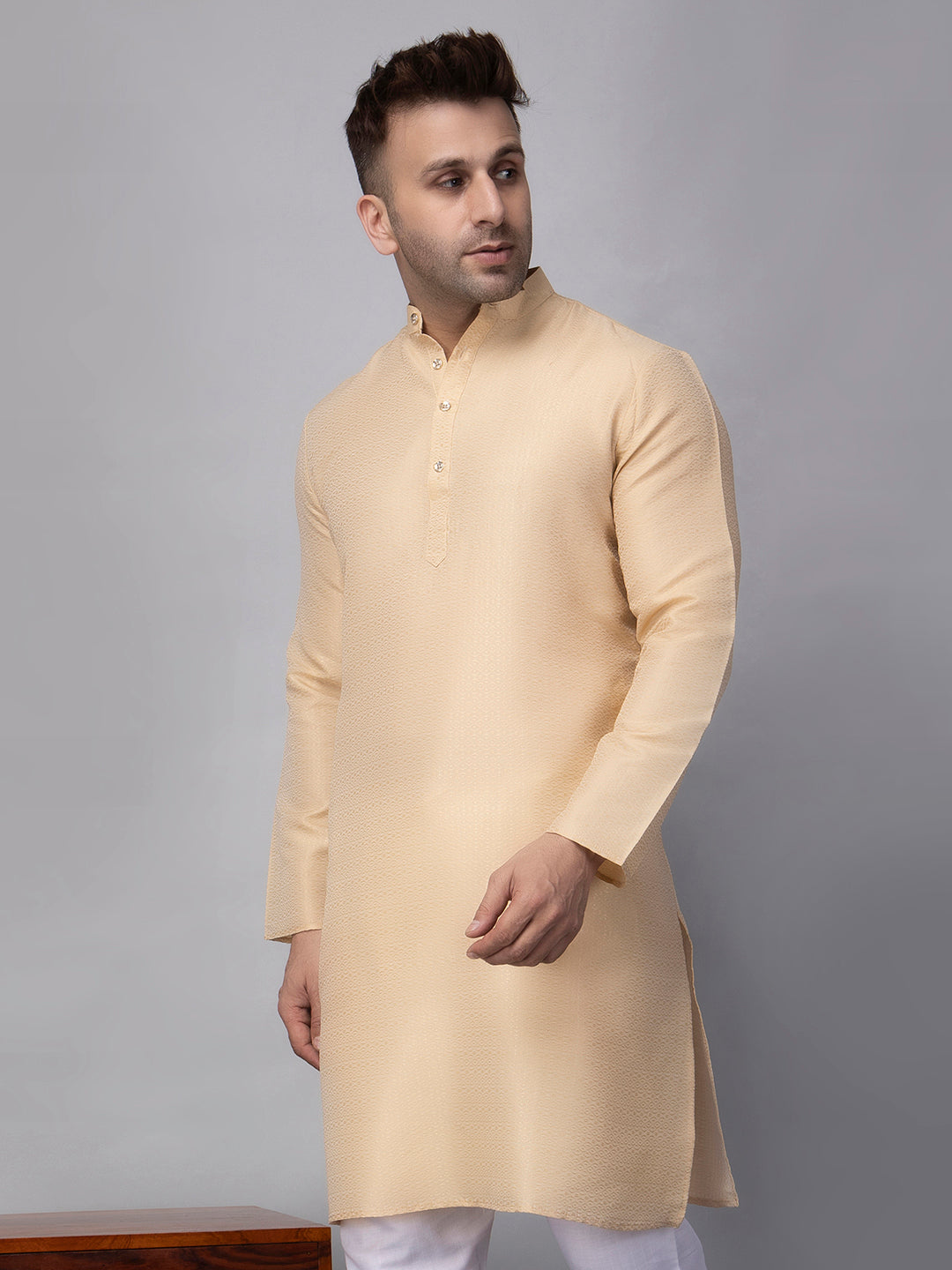 Hangup Men's Ethnic Jacquard Fawn Kurta