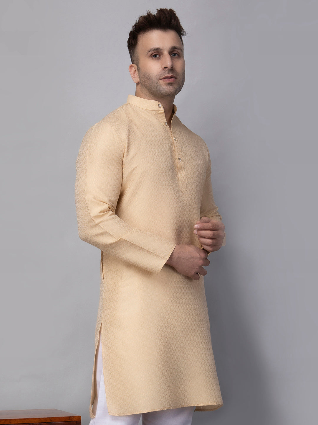 Hangup Men's Ethnic Jacquard Fawn Kurta