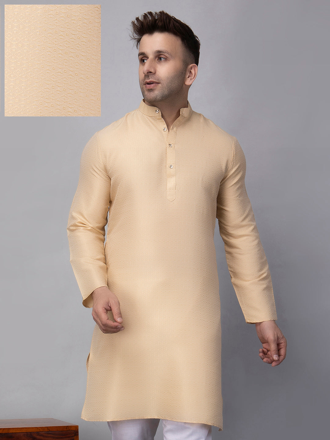 Hangup Men's Ethnic Jacquard Fawn Kurta