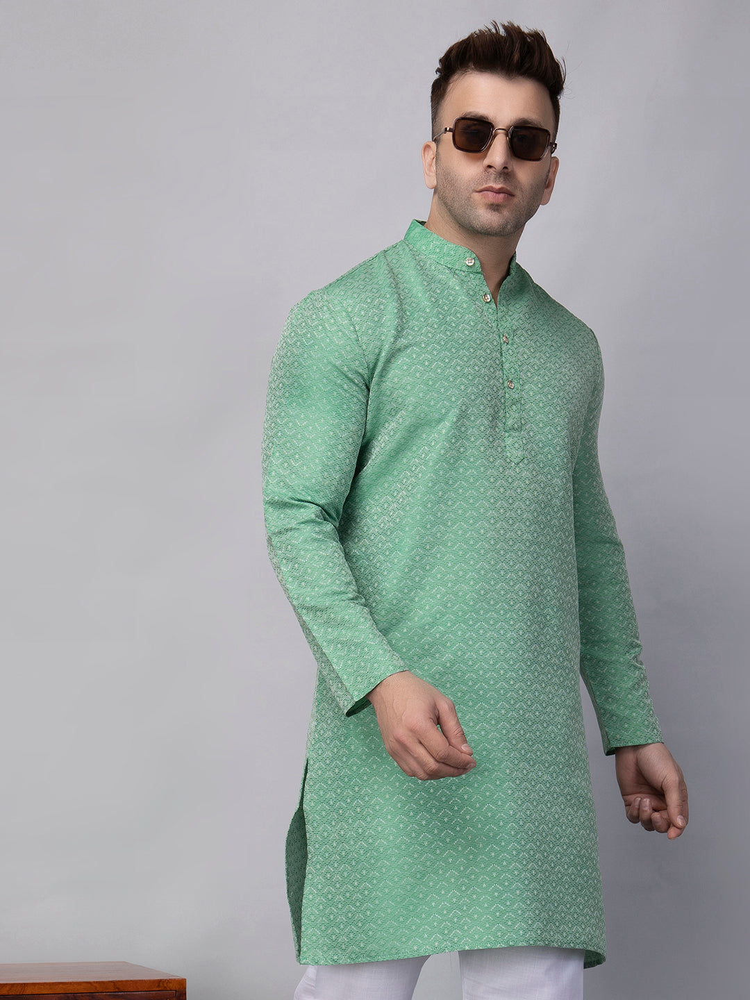 Hangup Men's Ethnic Jacquard Green Kurta