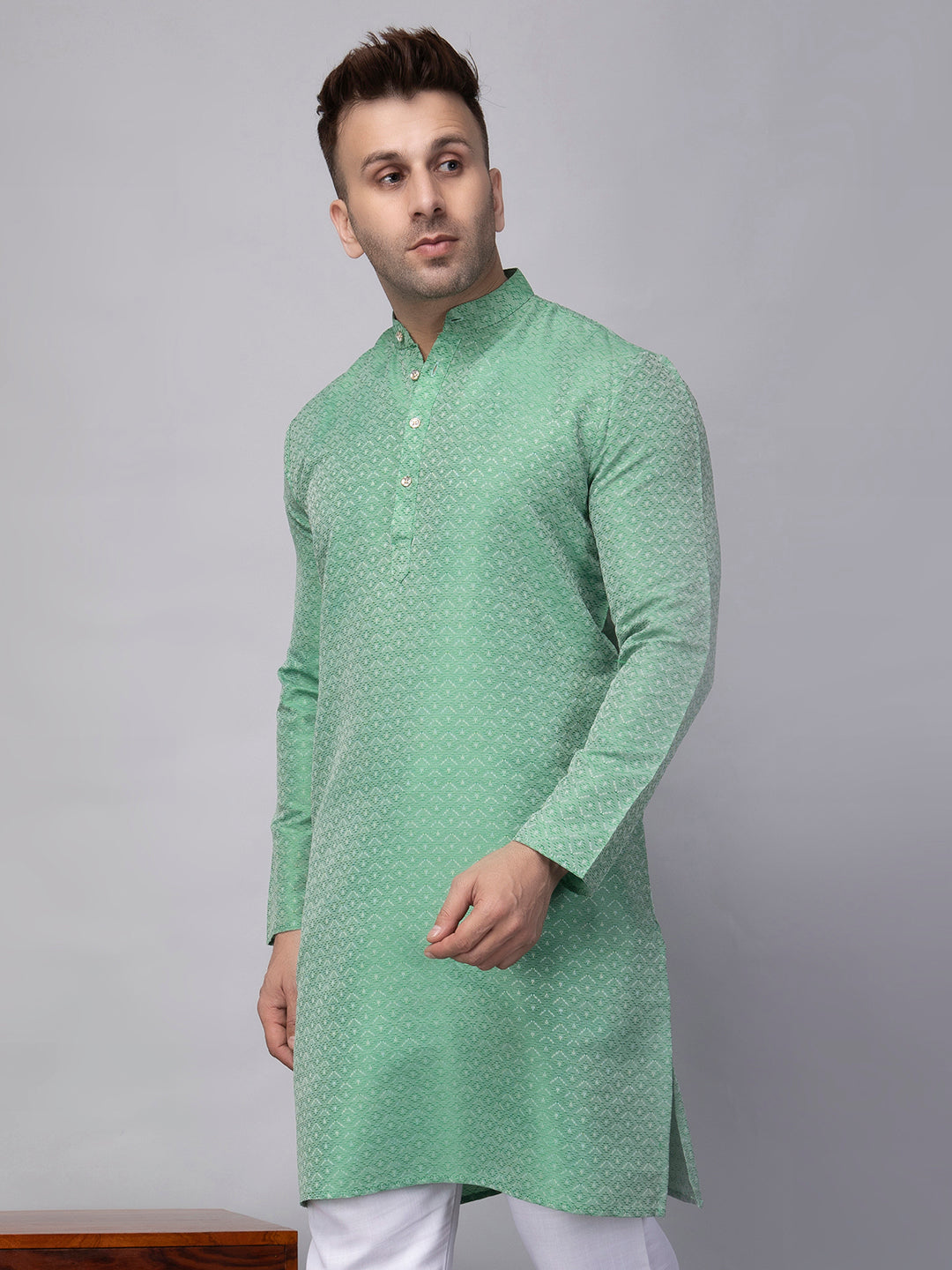 Hangup Men's Ethnic Jacquard Green Kurta