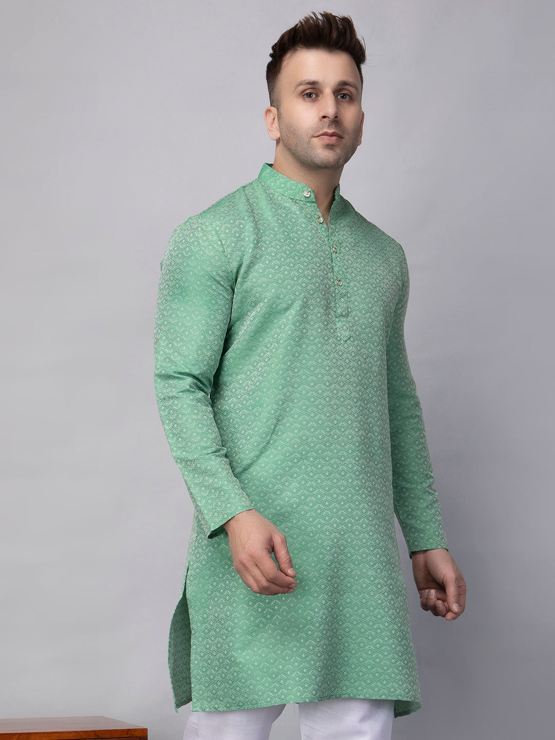 Hangup Men's Ethnic Jacquard Green Kurta