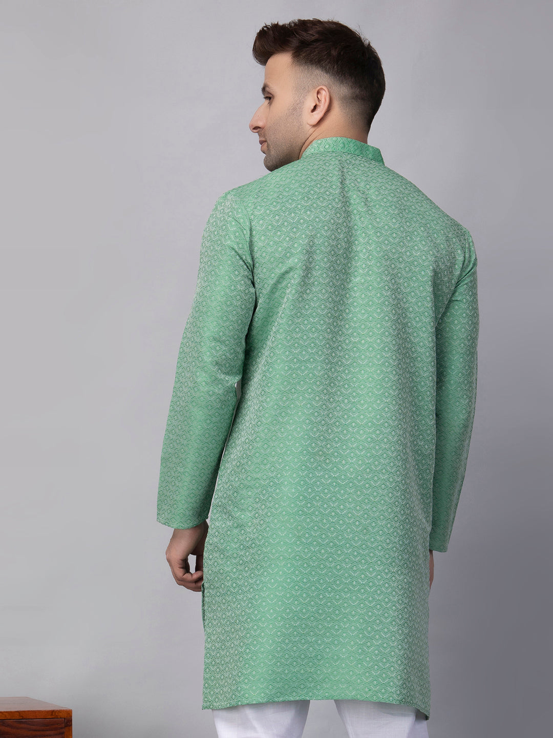 Hangup Men's Ethnic Jacquard Green Kurta