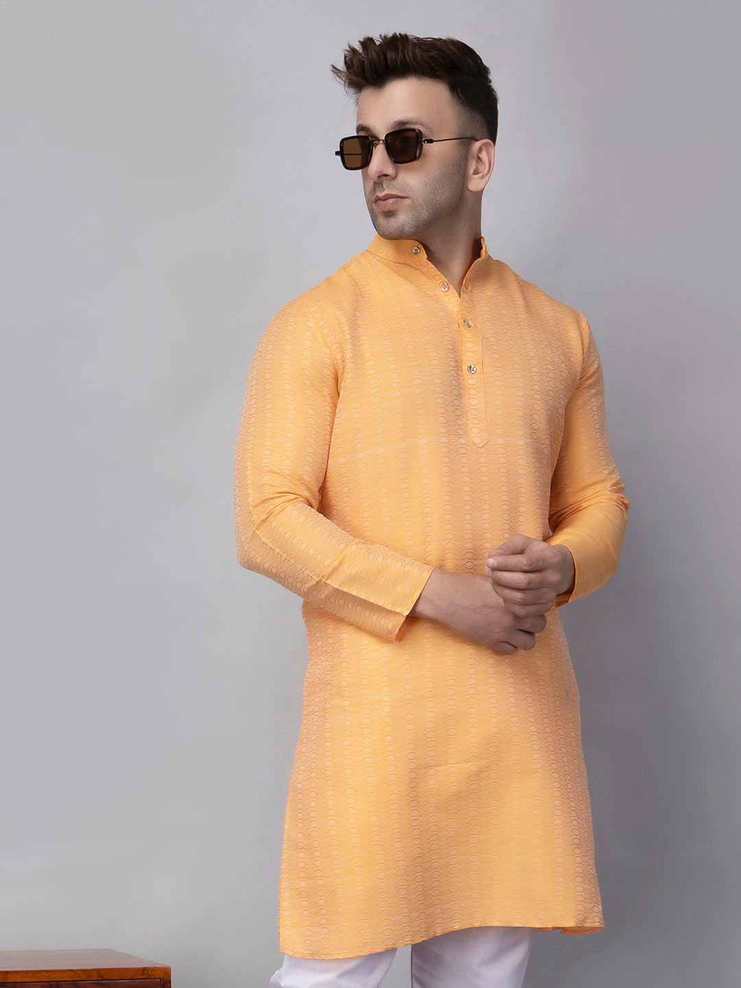 Hangup Men's Ethnic Jacquard Orange Kurta